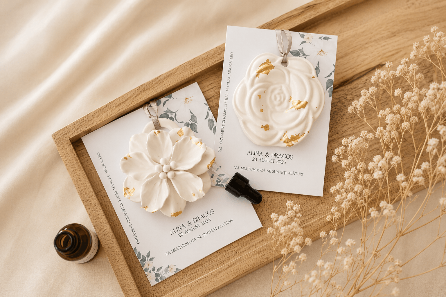 Mărturii de nuntă personalizate MYGRACE din ceramică parfumată, exemplu de modele elegante pentru alegerea mărturiilor de nuntă