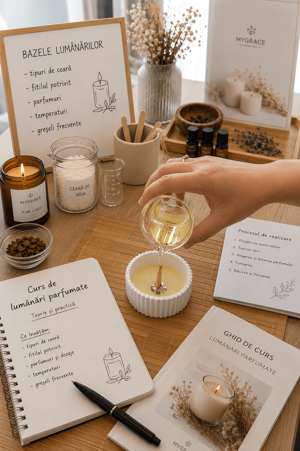 Curs de lumânări parfumate individual în atelierul MYGRACE – participant învață să realizeze o lumânare din ceară naturală.