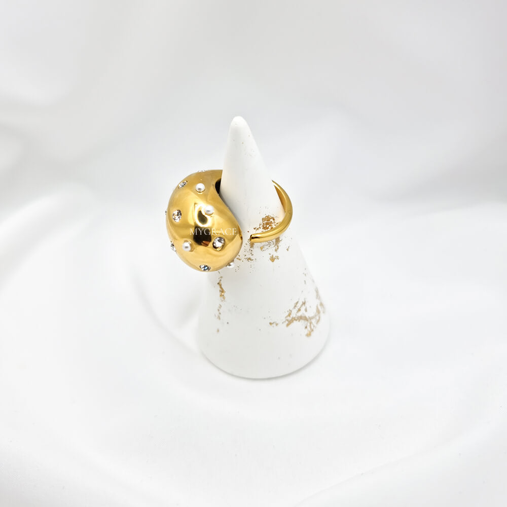 Inel oțel inoxidabil ”Be stylish”, model lacrimă/picătură, oțel inoxidabil, placat cu aur 18K și decorat cu zirconiu și perluțe