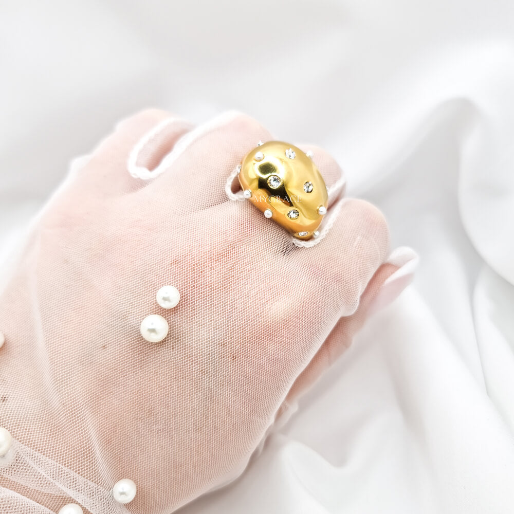 Inel oțel inoxidabil ”Be stylish”, model lacrimă/picătură, oțel inoxidabil, placat cu aur 18K și decorat cu zirconiu și perluțe