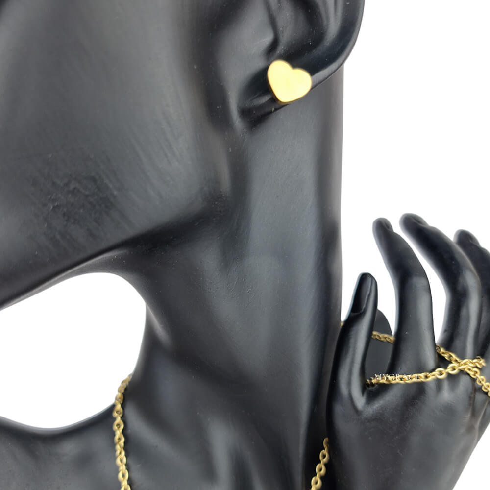 Set colier și cercei Stud ”Be caring”, auriu, model inimioare, din oțel inoxidabil