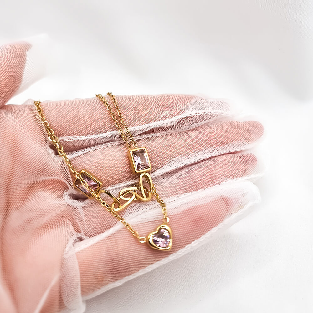 Set colier și cercei Drop ”Be adorable”, auriu, model inimioare, din oțel inoxidabil, placat cu aur 18K și zirconiu roz