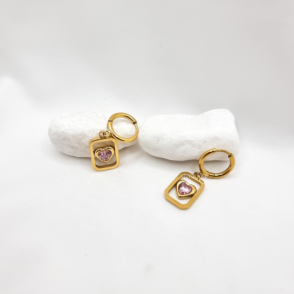 Set colier și cercei Drop ”Be adorable”, auriu, model inimioare, din oțel inoxidabil, placat cu aur 18K și zirconiu roz