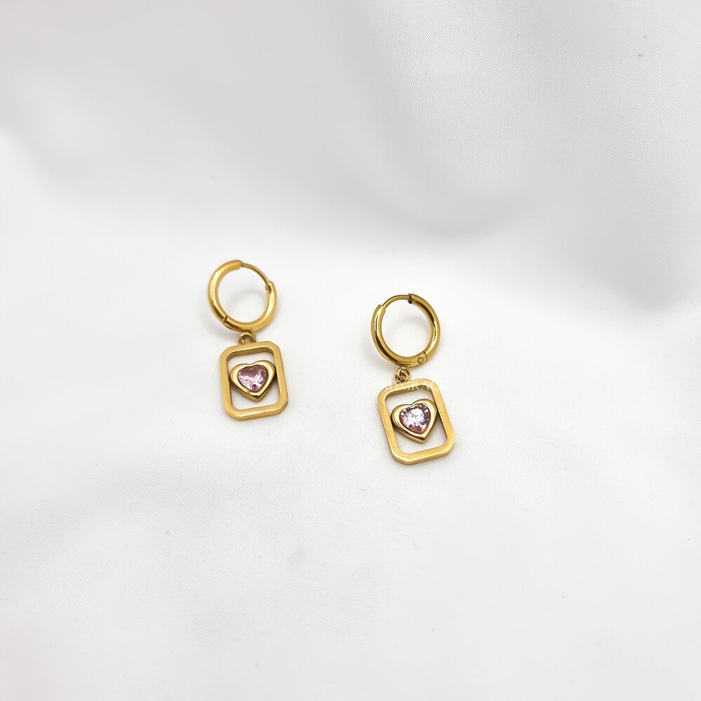 Set colier și cercei Drop ”Be adorable”, auriu, model inimioare, din oțel inoxidabil, placat cu aur 18K și zirconiu roz