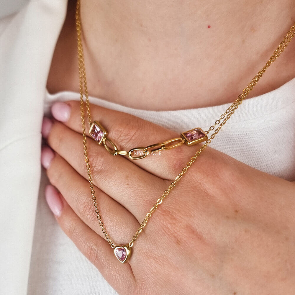 Set colier și cercei Drop ”Be adorable”, auriu, model inimioare, din oțel inoxidabil, placat cu aur 18K și zirconiu roz