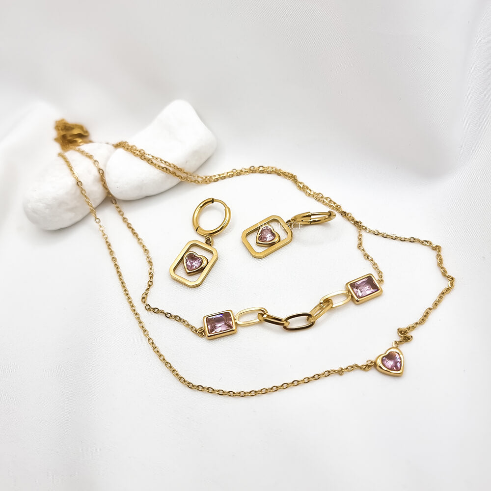 Set colier și cercei Drop ”Be adorable”, auriu, model inimioare, din oțel inoxidabil, placat cu aur 18K și zirconiu roz