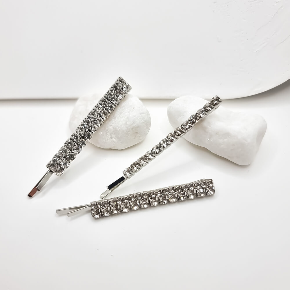 Agrafe păr metalice, argintii, decorate cu pietricele, geometrice, mireasă (set 3 buc.)