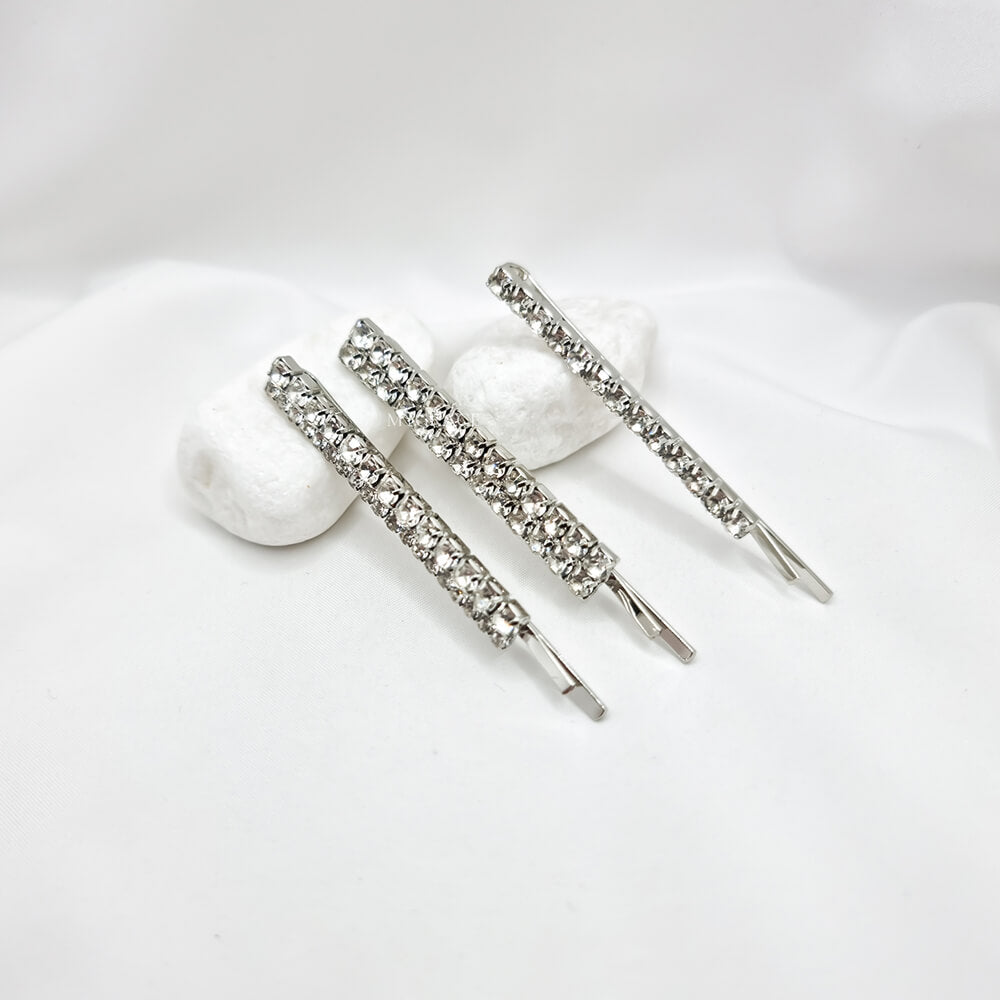 Agrafe păr metalice, argintii, decorate cu pietricele, geometrice, mireasă (set 3 buc.)