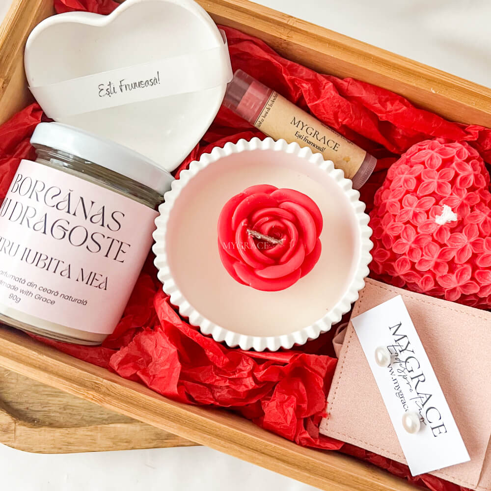 Cadou Valentine's Day - set cadou ”Borcănaș cu Dragoste pentru Iubita mea”, ambalare premium, personalizare borcănaș opțională