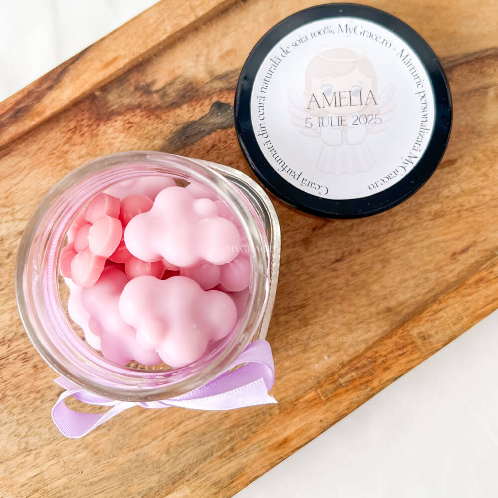 Mărturii botez fetiță - Borcănaș cu ceară parfumată, diverse sortimente (wax melts ceară soia pură)