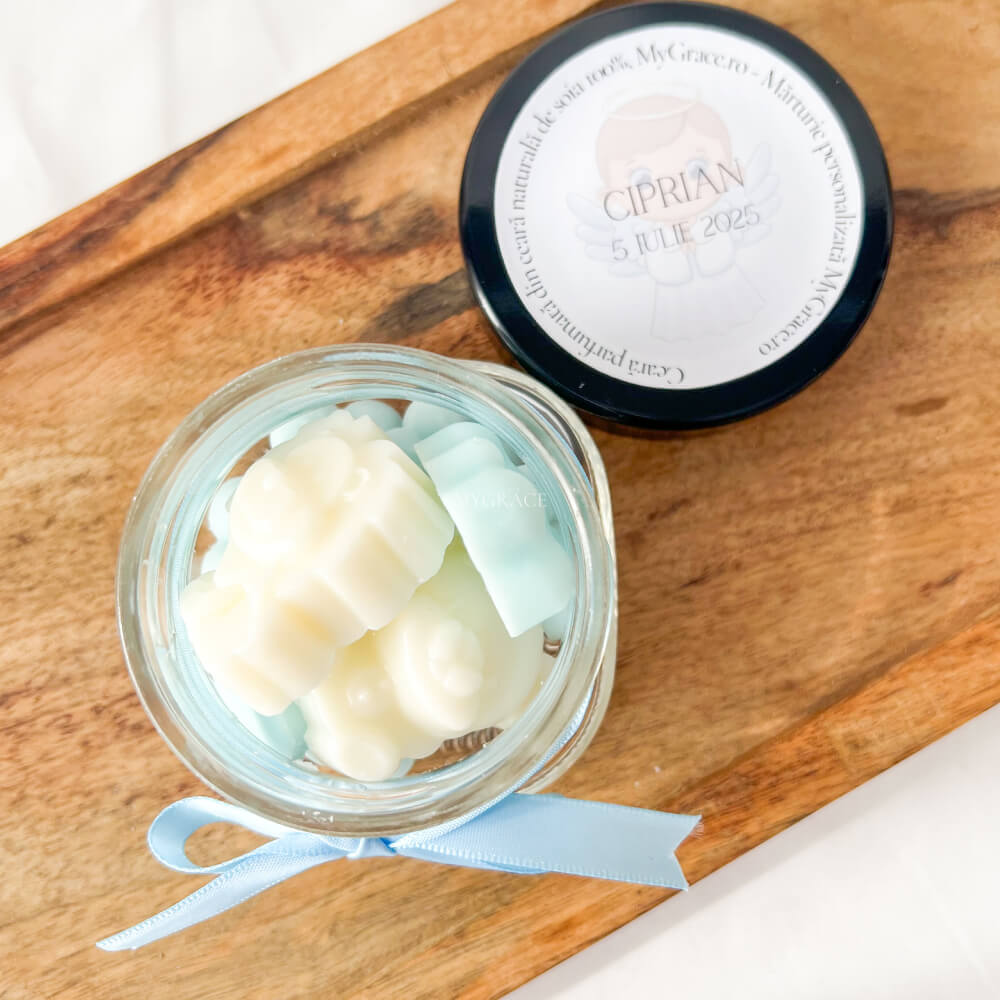 Mărturii botez băiat - Borcănaș cu ceară parfumată, diverse sortimente (wax melts ceară soia pură)