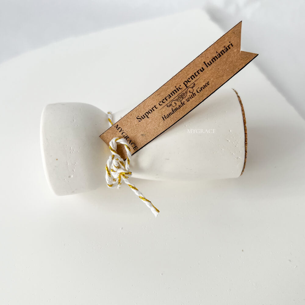 Suport lumânare, ceramic, alb, 8x4 cm