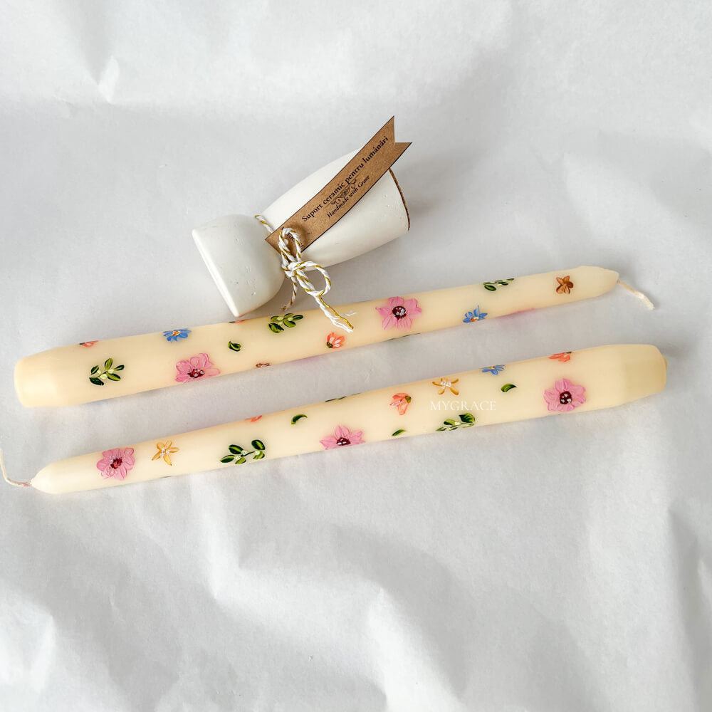 Suport lumânare, ceramic, alb, 8x4 cm