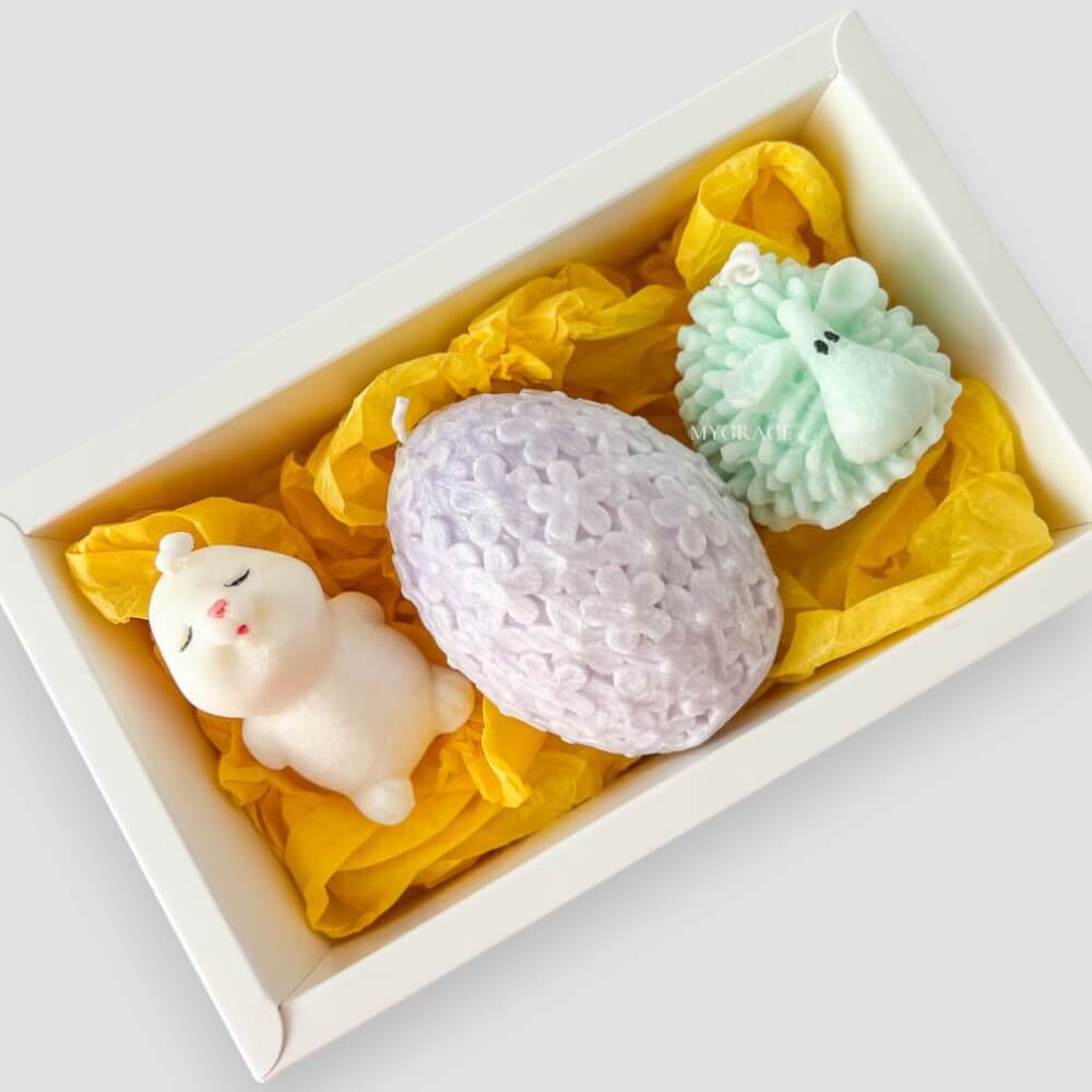 Set cadou Paște - set lumânări parfumate, ceară palmier - 1 iepuraș cu parfum de vată de zahăr, 1 oiță cu parfum de caramel și 1 ou de Paște