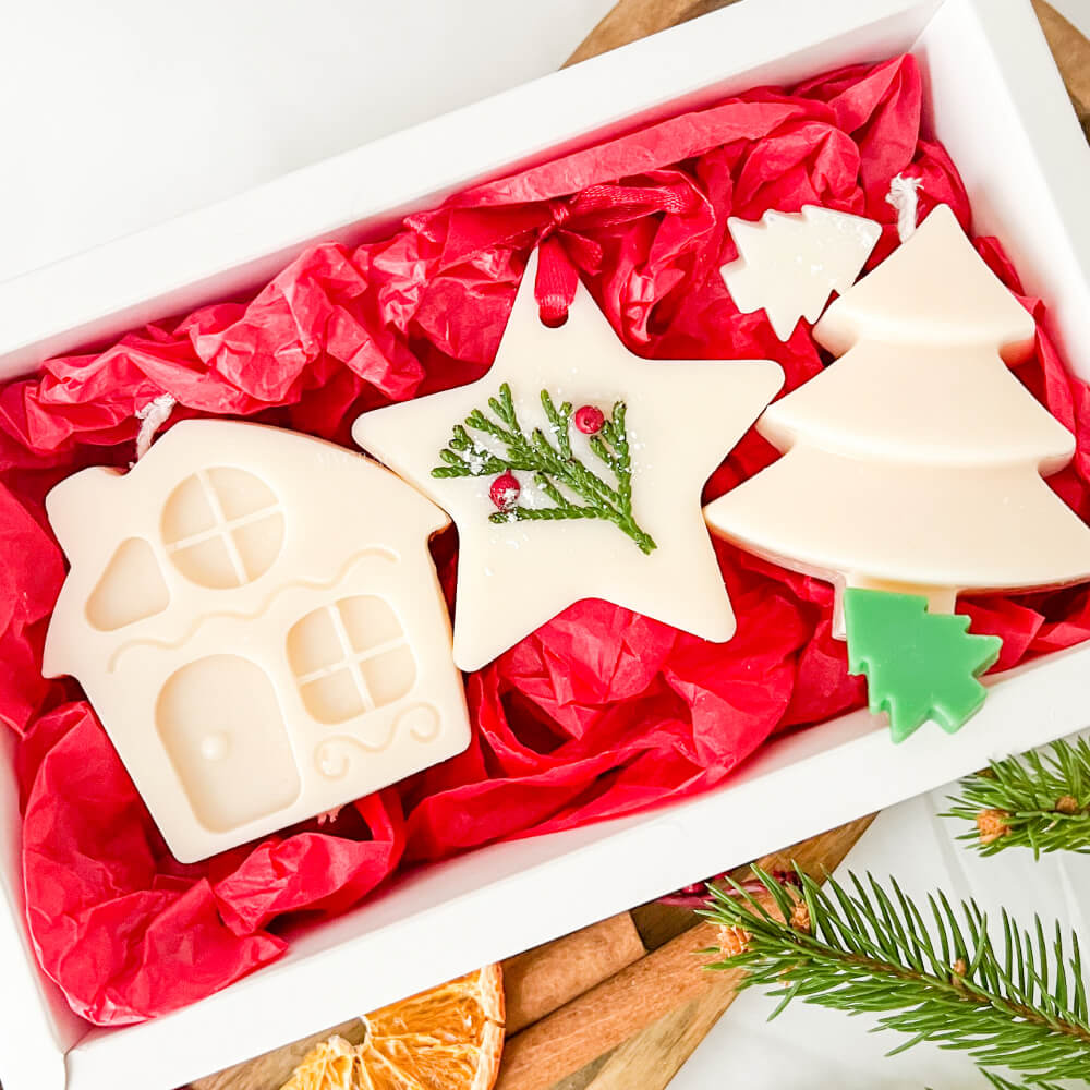 Cadou de Crăciun/Secret Santa - set lumânări parfumate ceară vegetală și ornament-stea Crăciun