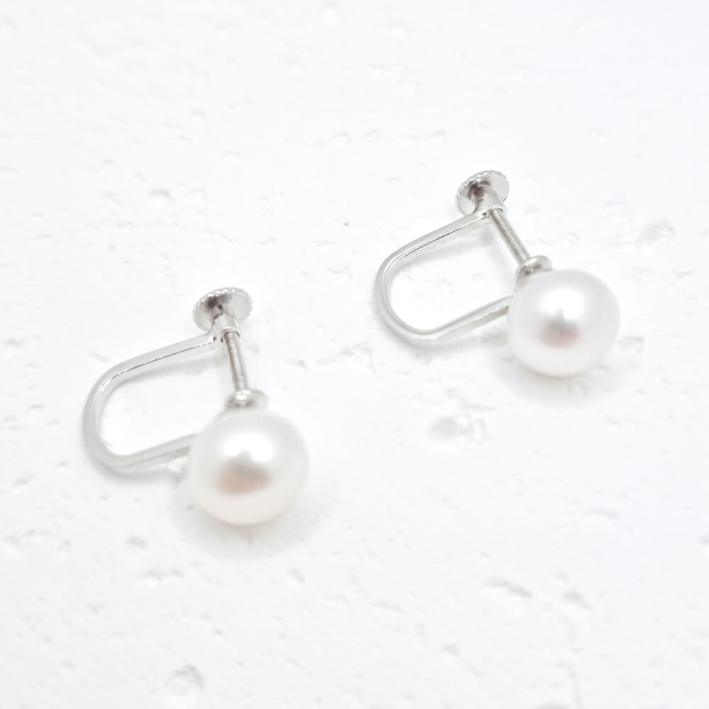 Cercei argint ”Be pure”, albi, argint 925 și perle naturale 8 mm, tip ear clip (fără găuri), mireasă, MYGRACE