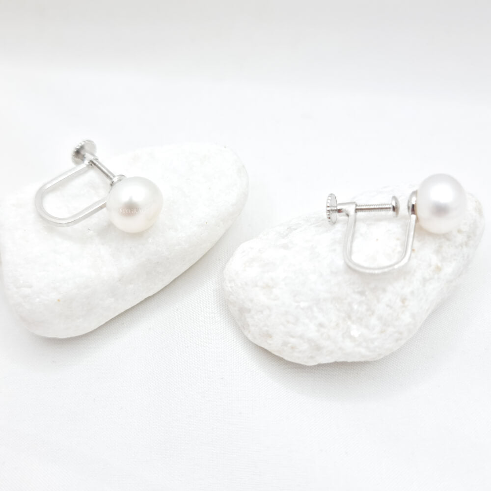 Cercei argint ”Be pure”, albi, argint 925 și perle naturale 8 mm, tip ear clip (fără găuri), mireasă, MYGRACE