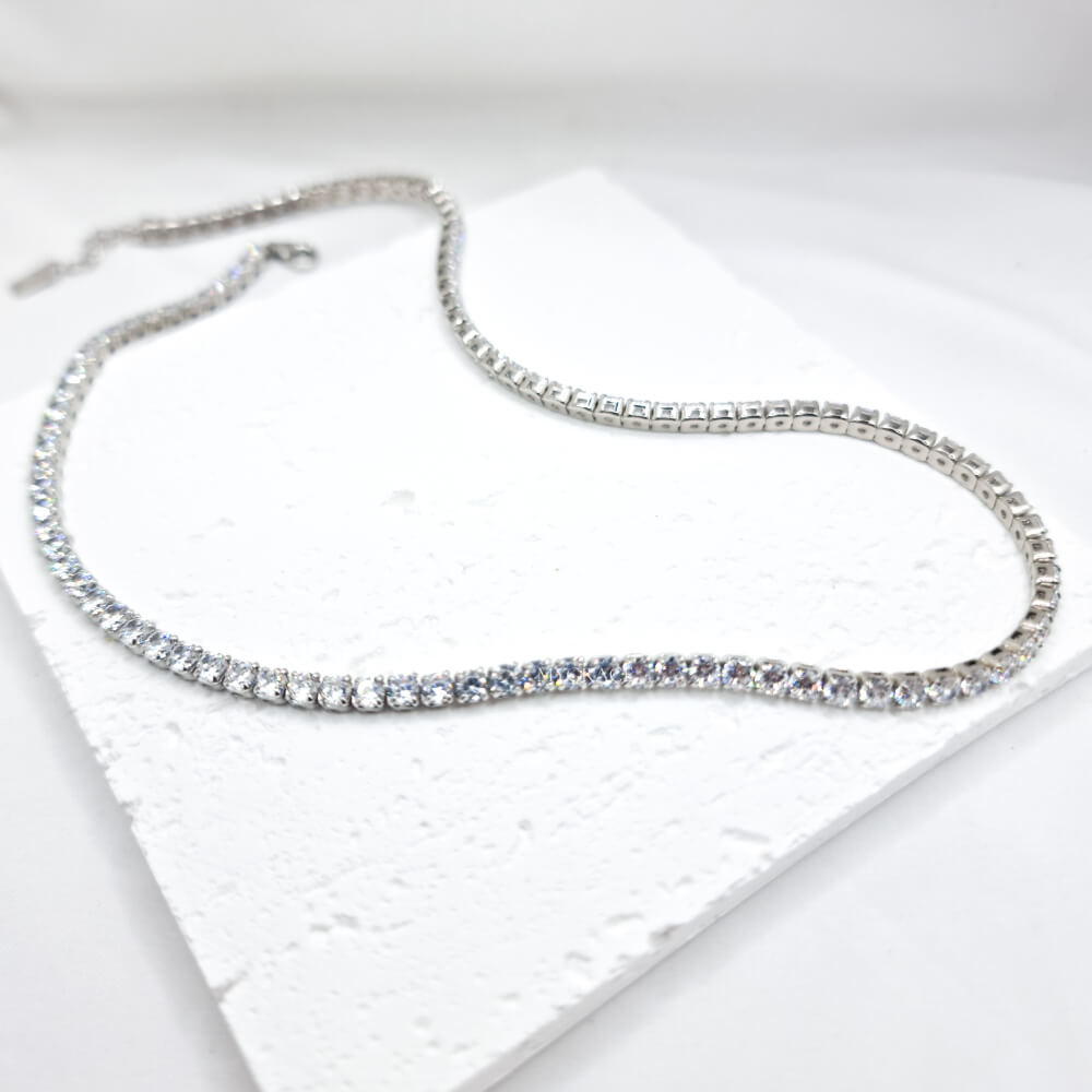Colier tennis argint 925/Choker tennis, argintiu, placat cu rodiu și decorat cu zirconiu, 2 mm, reglabil, MYGRACE