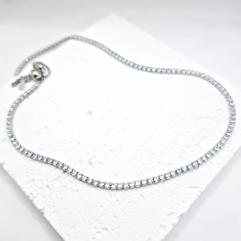 Colier tennis argint 925/Choker tennis, argintiu, placat cu rodiu și decorat cu zirconiu, 2 mm, reglabil, MYGRACE