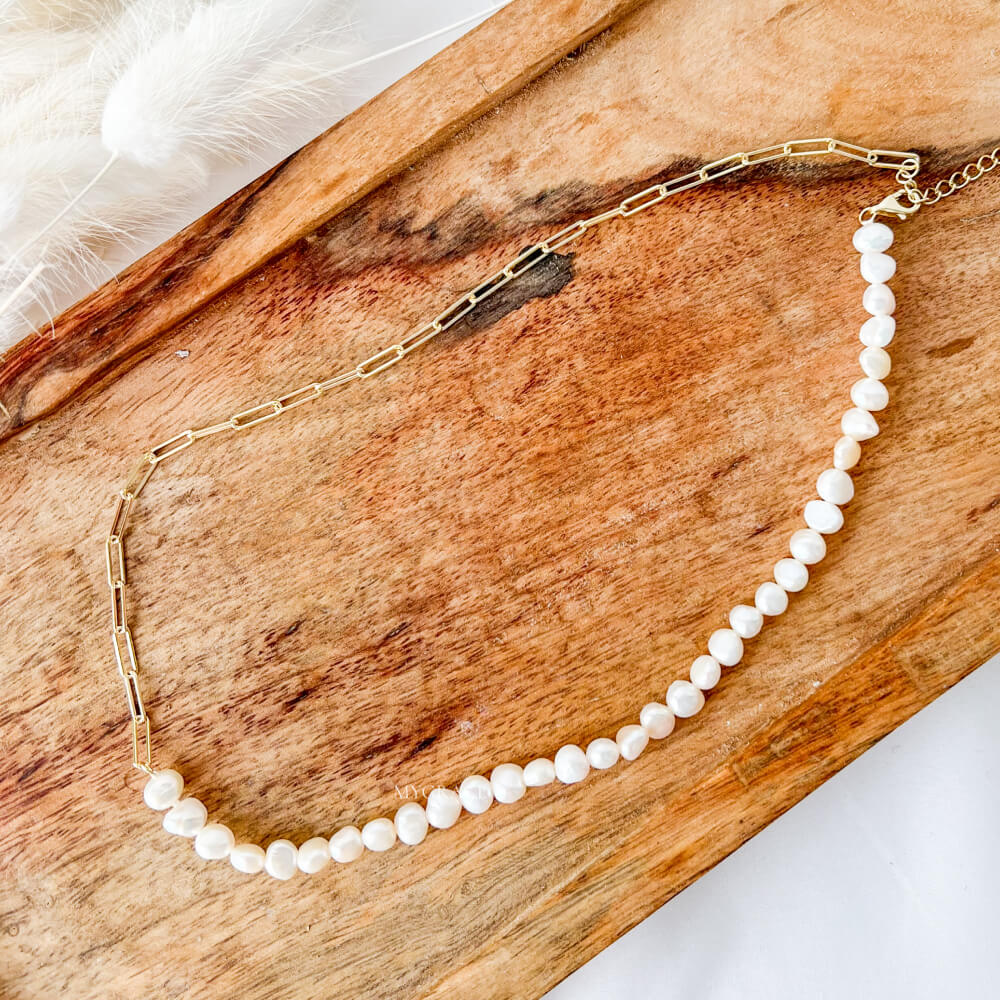 Colier perle naturale și argint 925, auriu, placat cu aur, model zale/perle, MYGRACE