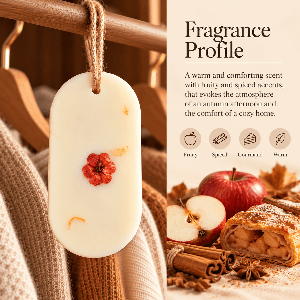 Scent notes of the autumn wardrobe freshener, with warm fruity and spiced aromas.