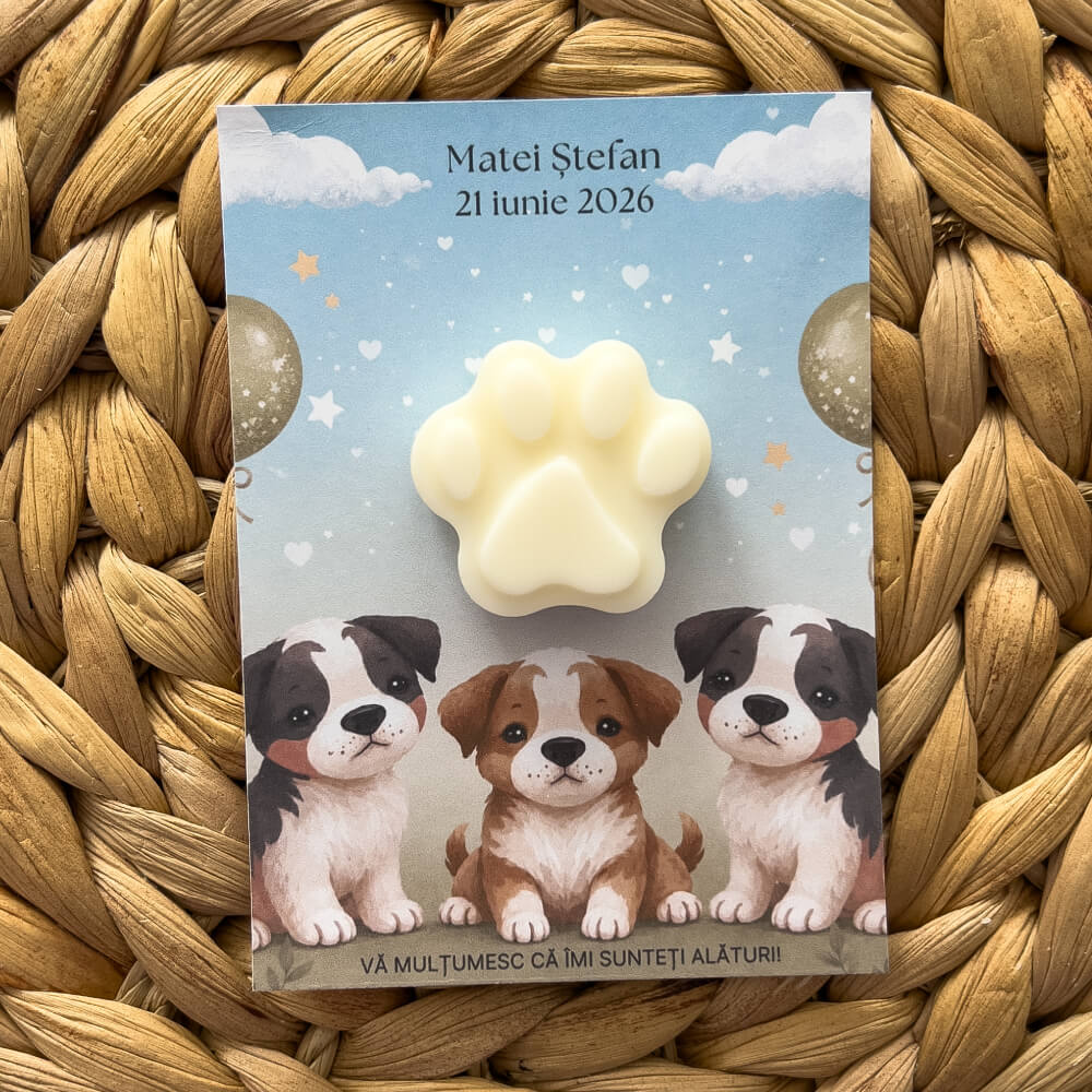 Mărturie botez personalizabilă în formă de lăbuță cățel din ceară naturală