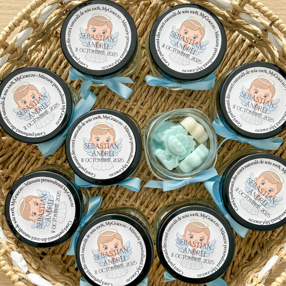 marturii botez baiat borcan ceara parfumata wax melts soia MYGRACE