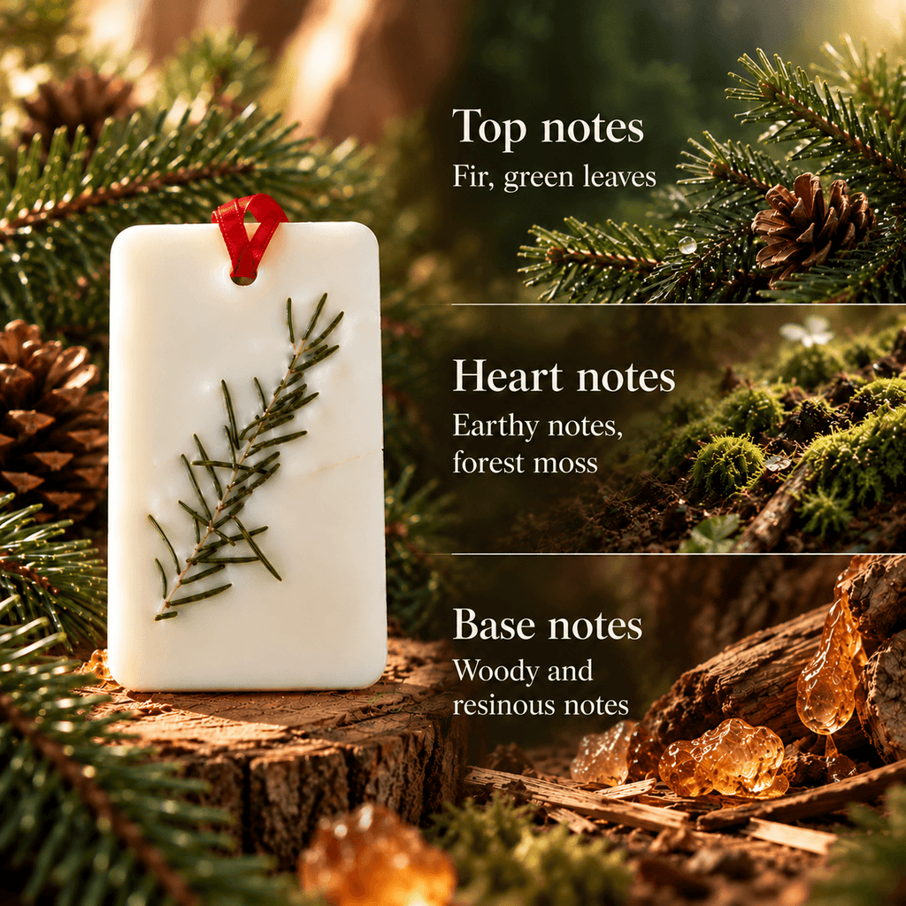 Fragrance profile of the PICEA natural wax wardrobe freshener, featuring fir, green leaves, forest moss, damp earth, wood and resin notes.