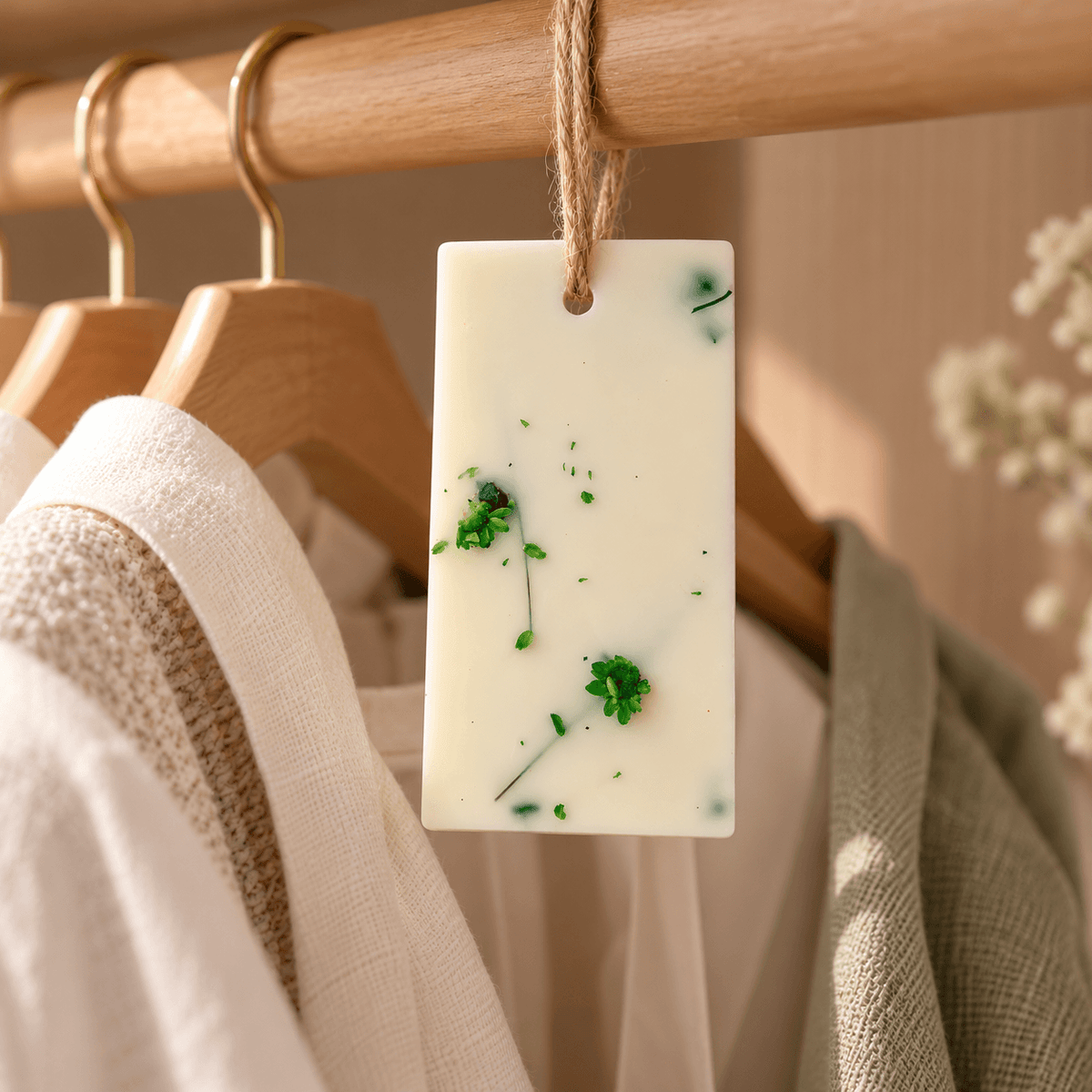 Odorizant pentru dulap din ceară naturală, cu parfum citric și bergamotă, agățat de bara de umerașe din dulap.