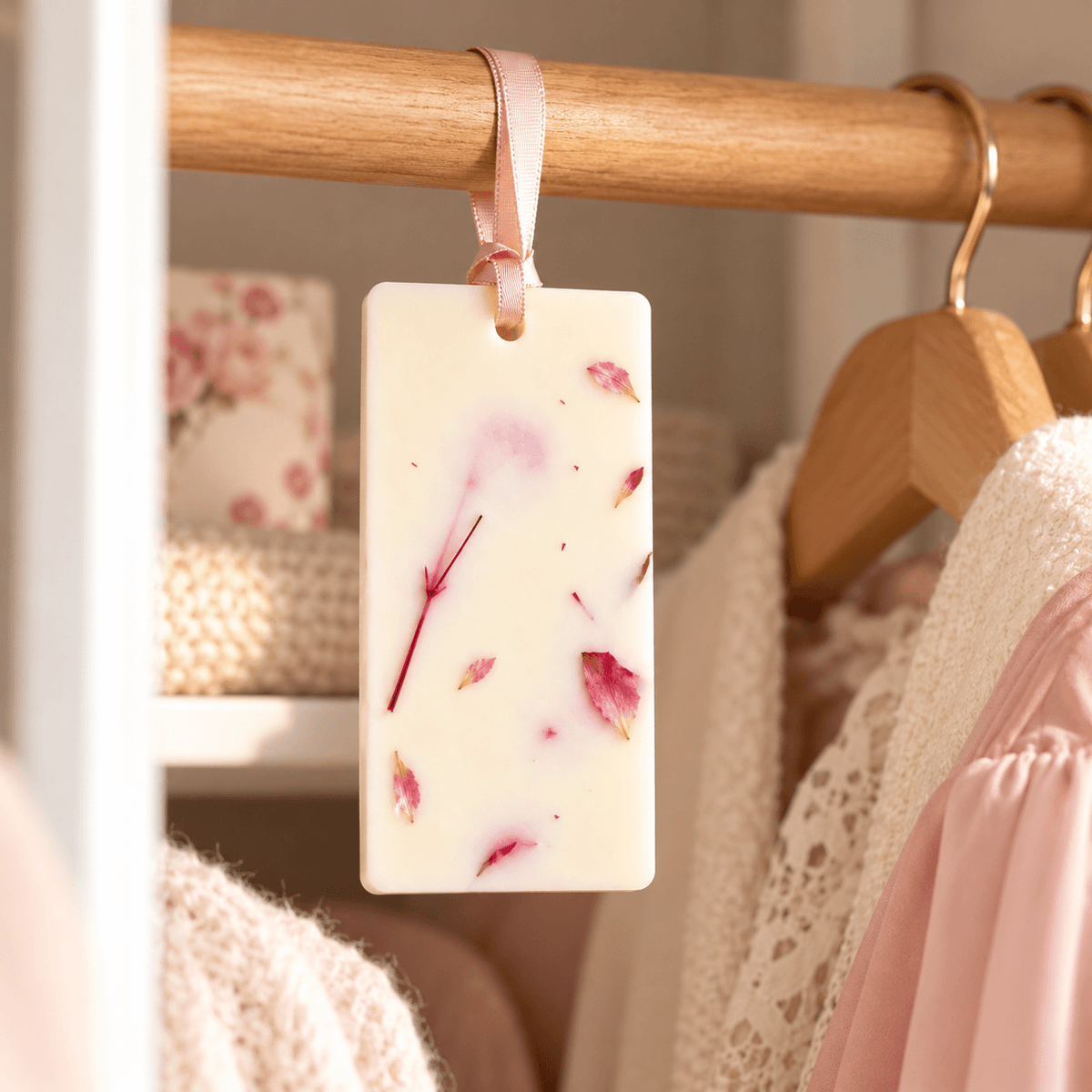 Odorizant pentru dulap din ceară naturală, cu parfum floral-dulce și fructat, suspendat pe bara de umerașe.