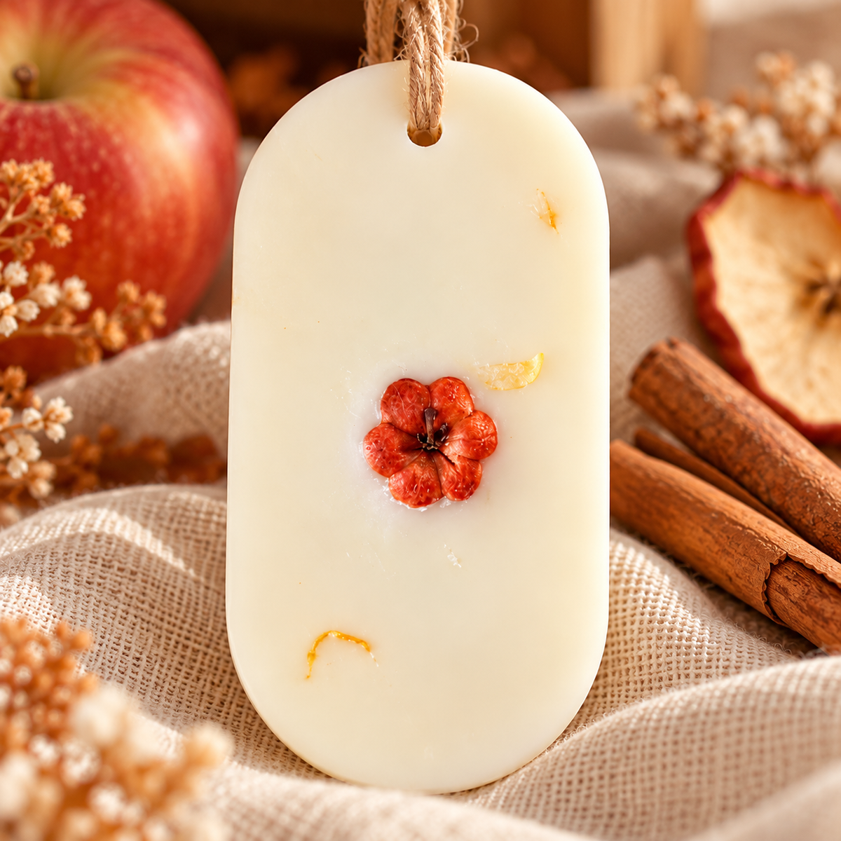 Odorizant parfumat pentru dulap din ceară naturală, decorat cu flori și plante uscate, cu aromă caldă de măr și scorțișoară.