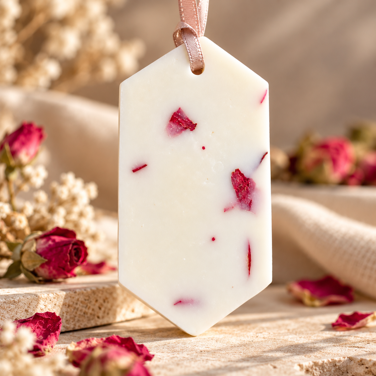 Odorizant parfumat pentru dulap din ceară naturală, decorat cu petale uscate de trandafir, cu parfum de dulceață de trandafiri.