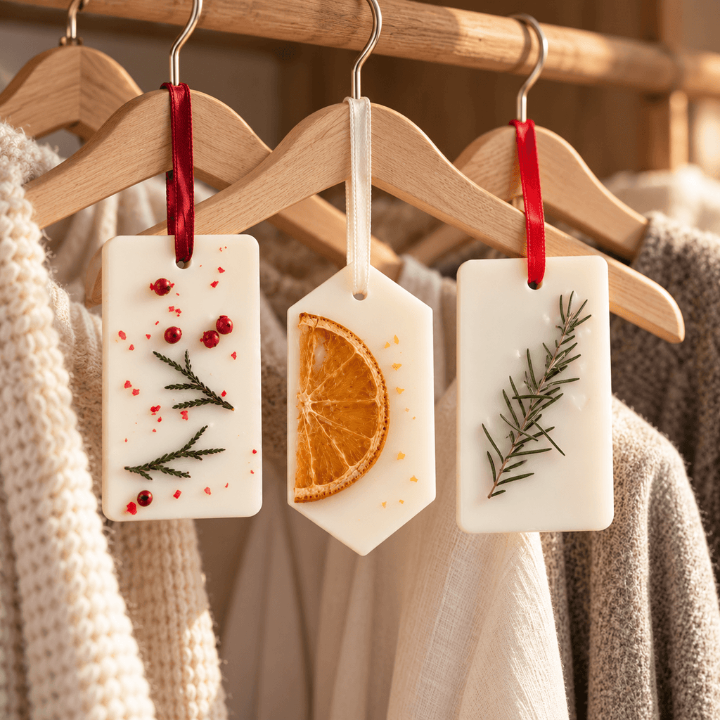 Odorizante pentru dulap din ceară naturală decorate cu portocale, crenguță de brad și elemente de iarnă și agățate de umerașe în dulapul cu haine.