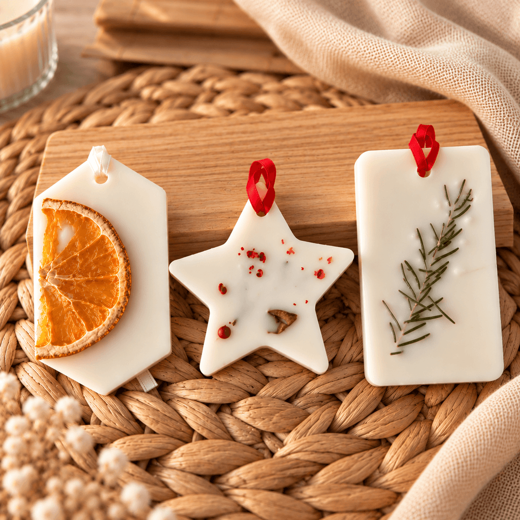 Ornamente parfumate pentru Crăciun, realizate manual din ceară naturală, decorate cu flori naturale uscate și parfumate cu arome de iarnă.