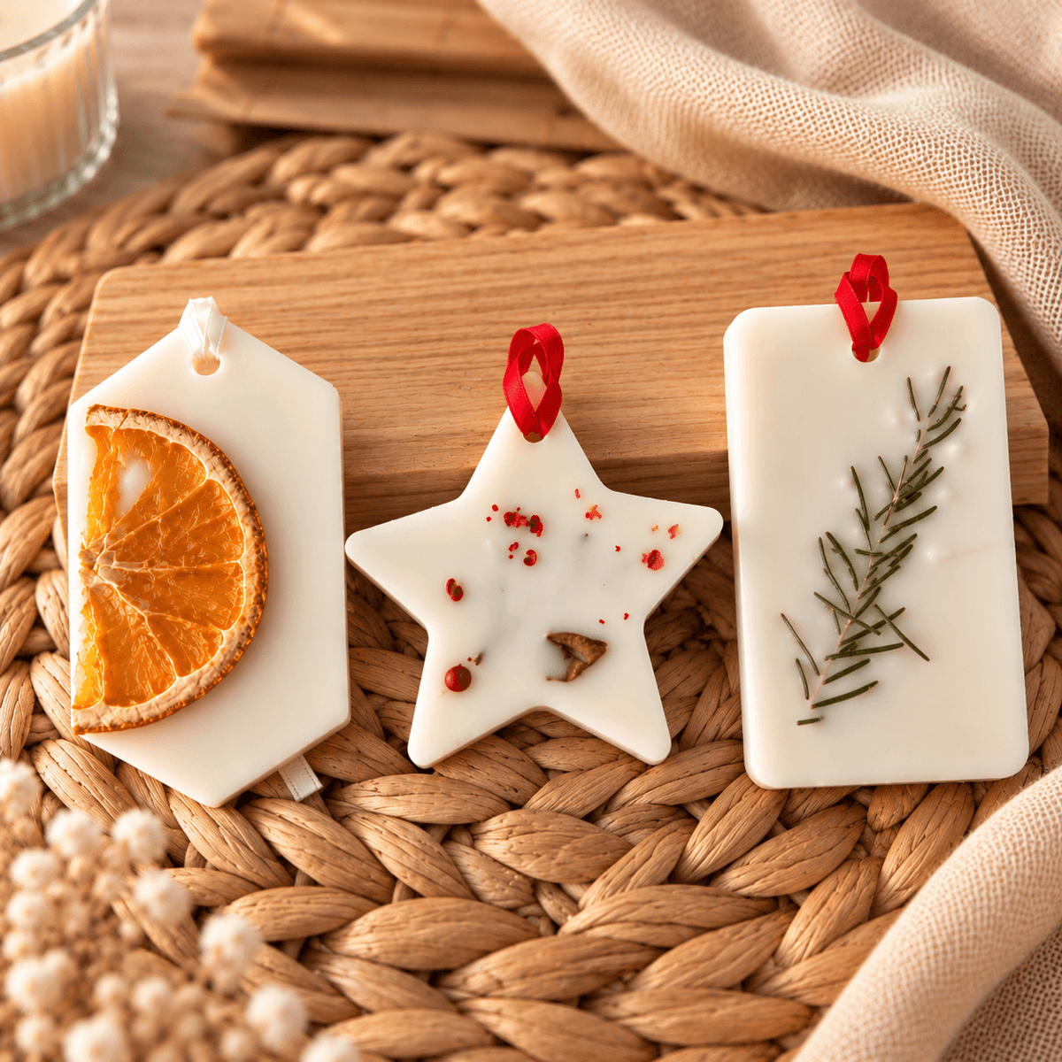 Ornamente parfumate pentru Crăciun, realizate manual din ceară naturală, decorate cu flori naturale uscate și parfumate cu arome de iarnă.
