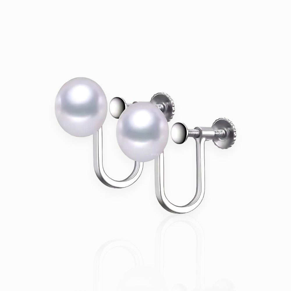 Cercei argint ”Be pure”, albi, argint 925 și perle naturale 8 mm, tip ear clip (fără găuri), mireasă, MYGRACE