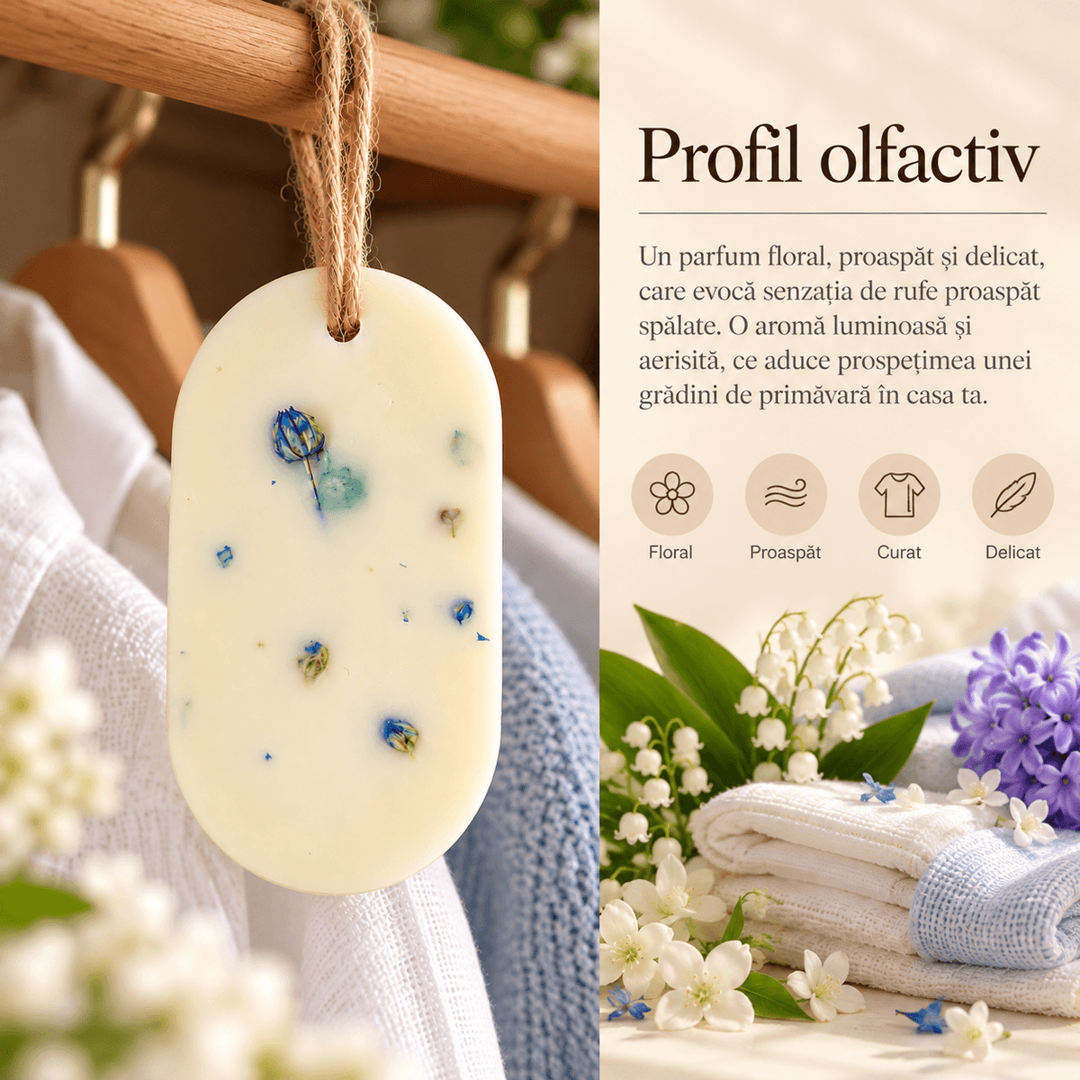 Profil olfactiv al odorizantului pentru dulap, cu note fresh și curate, de rufe proaspăt spălate.