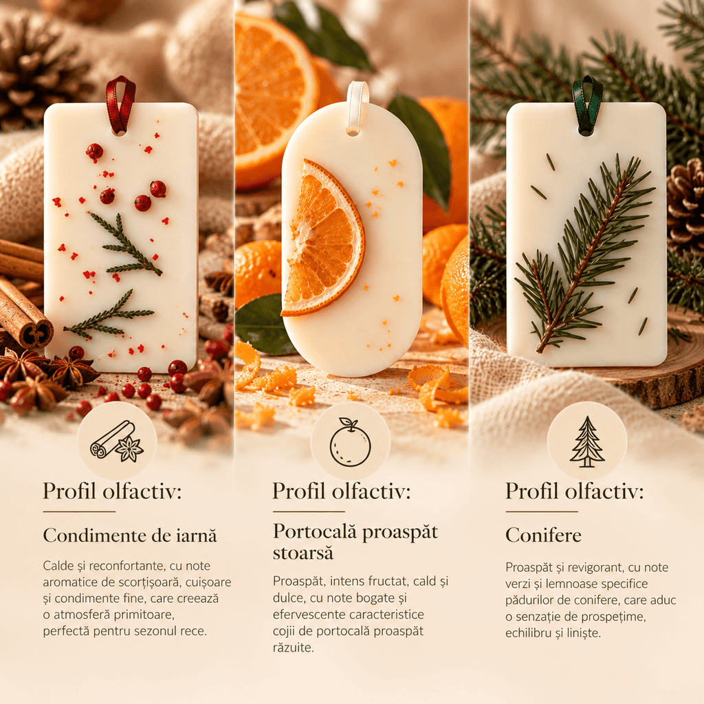 Profilul olfactiv pentru 3 odorizante de dulap din ceară naturală, arome de iarnă:condimente de iarnă, portocală și pădure de conifere.