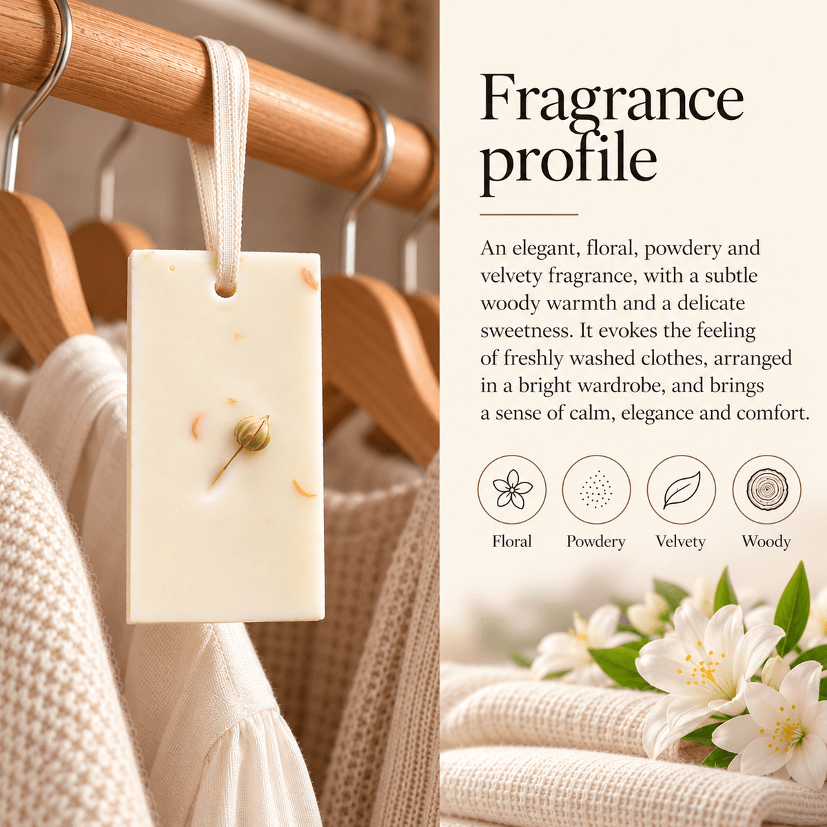 Scent notes of the white flowers wardrobe freshener, with powdery, delicate, floral aromas.